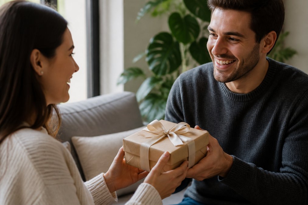 Close-up of hands exchanging a wrapped gift box with genuine warmth visible on both people's faces, soft natural lighting from a nearby window