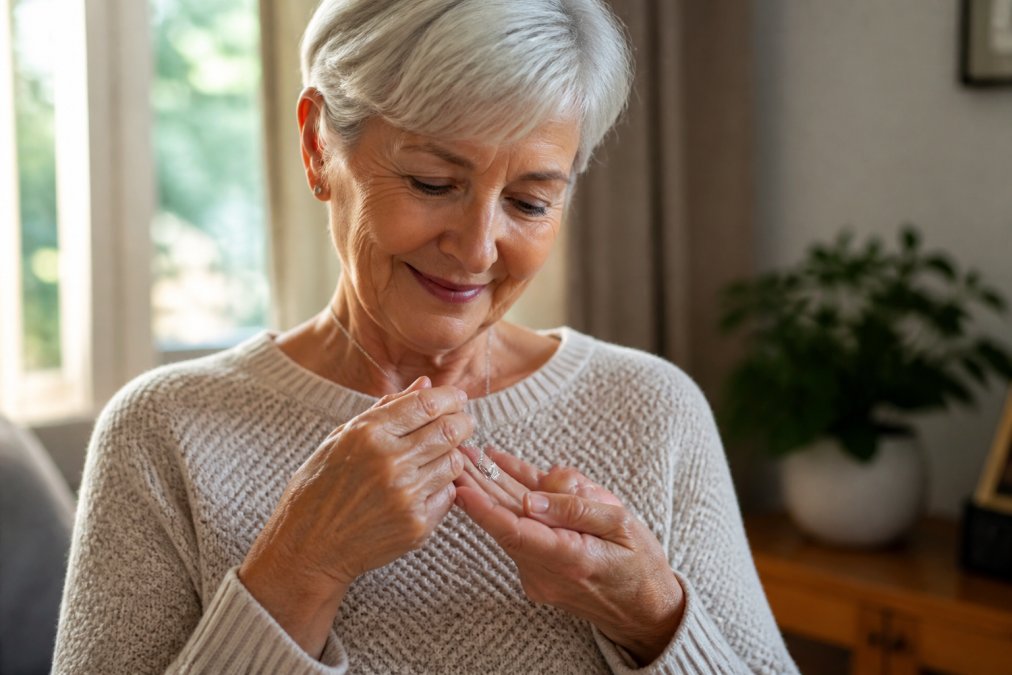 Woman admiring a delicate engraved necklace with a heartfelt smile, holding the pendant gently in her hand in soft natural light