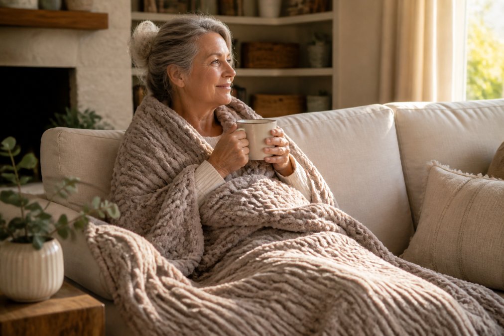 Woman relaxing on a couch wrapped in a cozy personalized blanket with a warm beverage, enjoying peaceful solitude in soft afternoon light