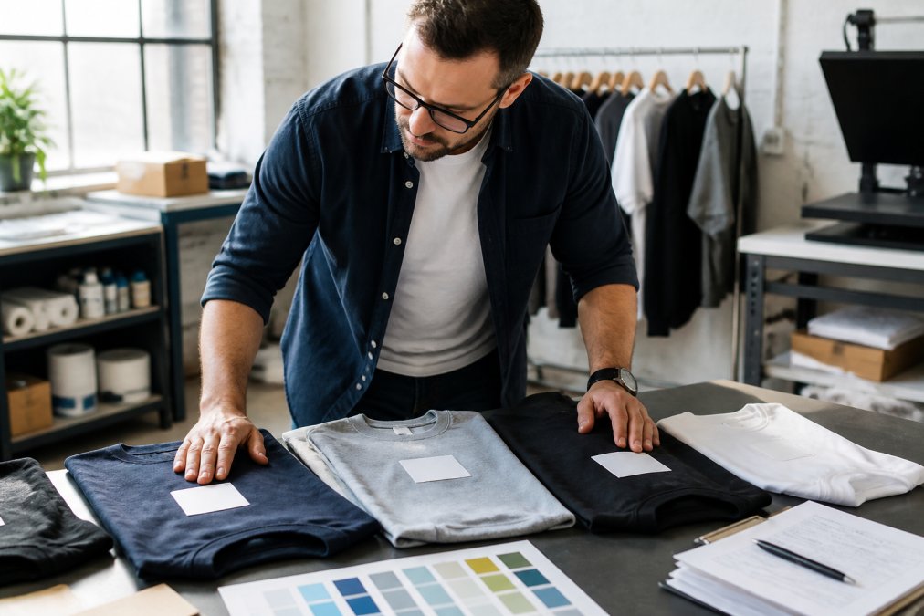 Operations manager examining custom apparel samples on a work table, comparing print quality across different colored garments with color swatches and order documentation visible under bright natural lighting