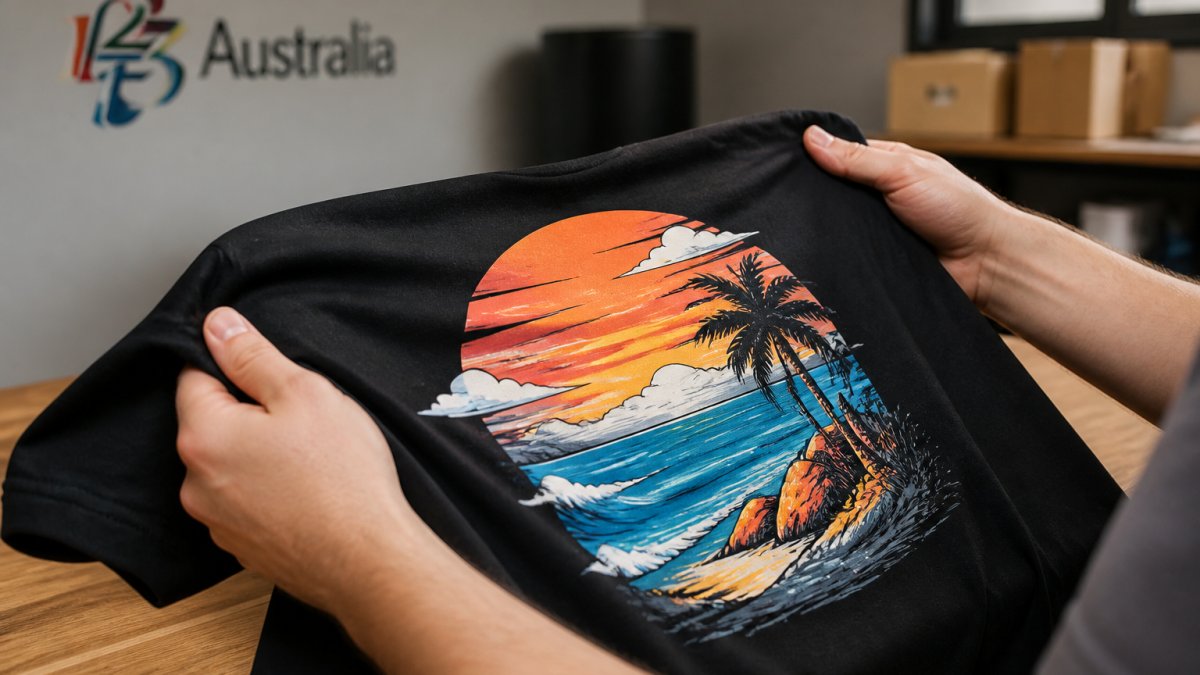 Close-up of hands holding a high-quality custom-printed T-shirt, showing print detail and fabric texture with natural lighting highlighting design clarity and colour vibrancy