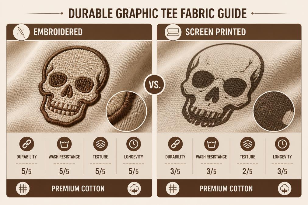 Close-up of premium cotton fabric showing detailed weave texture, with embroidered skull design and screen-printed graphic samples displayed side by side on natural lighting background