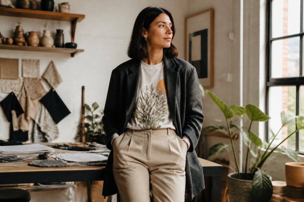 Person wearing an oversized graphic tee styled with tailored blazer and neutral trousers, demonstrating how statement apparel integrates into polished everyday outfits with natural daylight