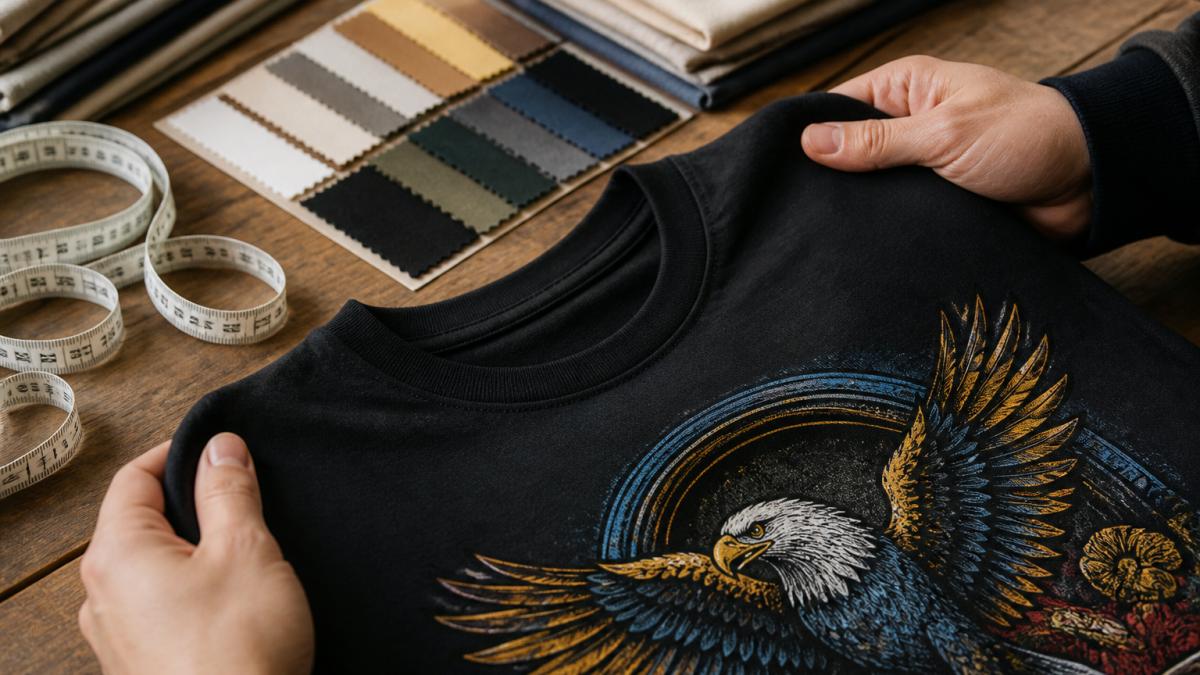 Close-up of hands holding a heavyweight cotton graphic t-shirt, showing fabric texture and a crisp screen-printed design, with a measuring tape and fabric swatches on a wooden table