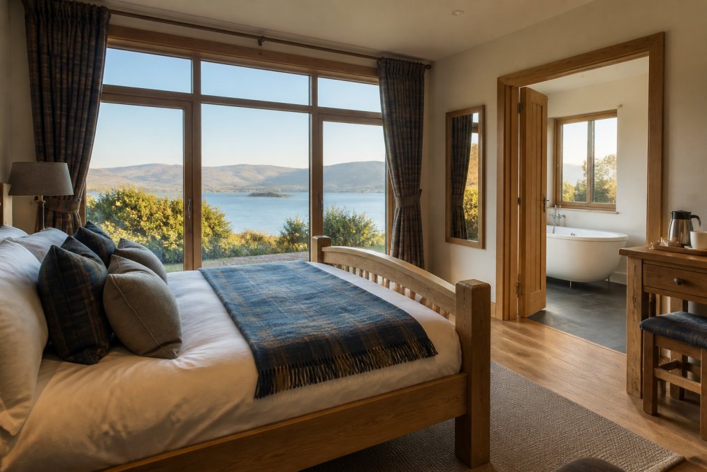 A welcoming bedroom with a handmade bed and ensuite bathroom, morning light streaming through large windows overlooking a loch and distant mountains