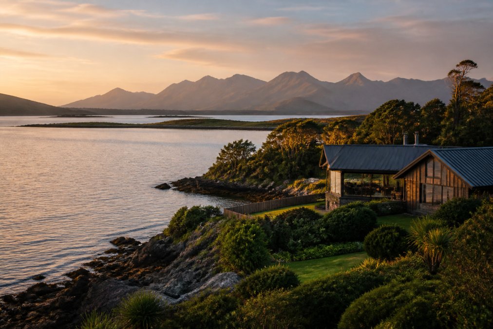 A scenic view of the Isle of Skye coastline near Dunvegan at golden hour, with the Cuillin mountains visible in the distance and a luxury lodge nestled in the foreground