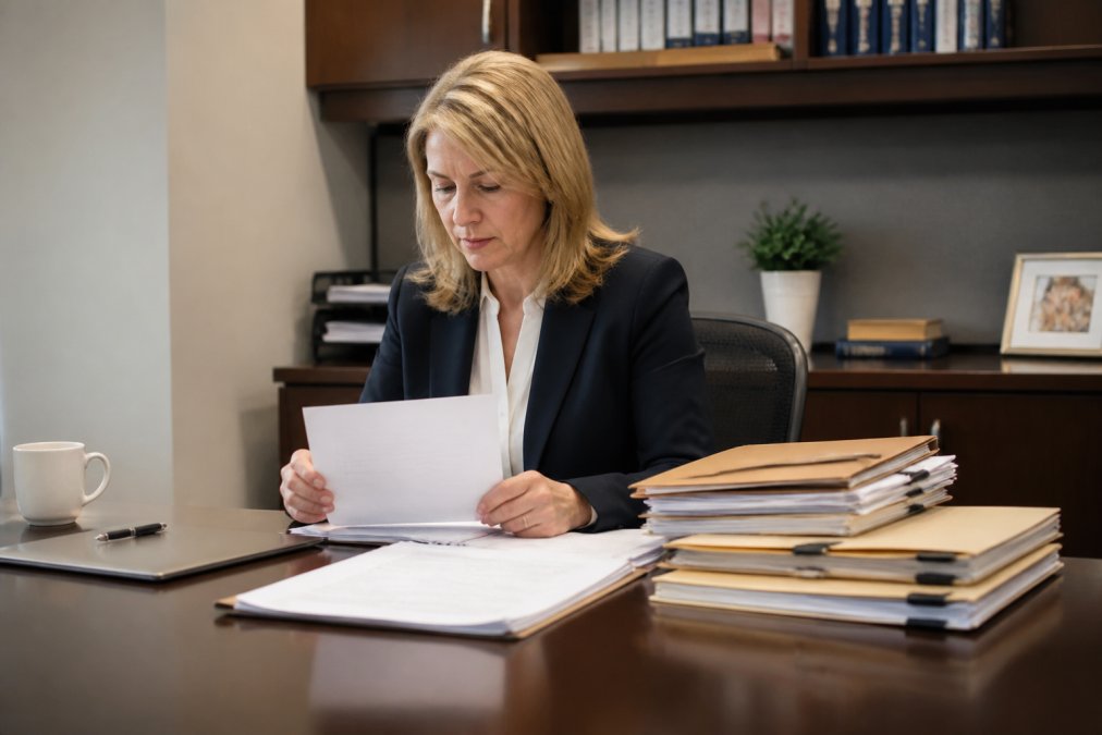 Healthcare compliance officer reviewing compliance documentation and policies at desk with files and computer in professional office setting