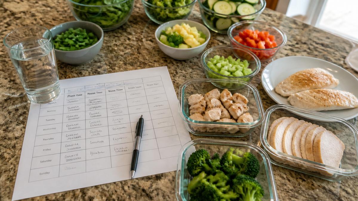 Overhead shot of a kitchen counter with a printed weekly meal planner, a pen, a glass of water, and bowls of low-carb vegetables and protein portions being sorted for the week ahead