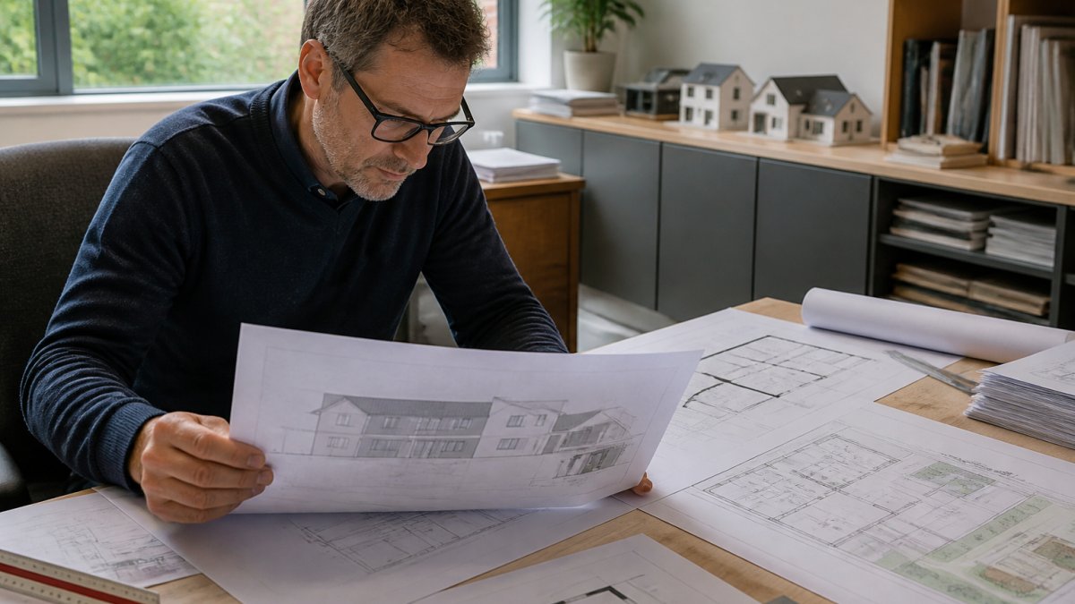 Professional architect reviewing detailed architectural drawings and site plans at a desk with a laptop, multiple plan sheets spread across the workspace with natural window lighting