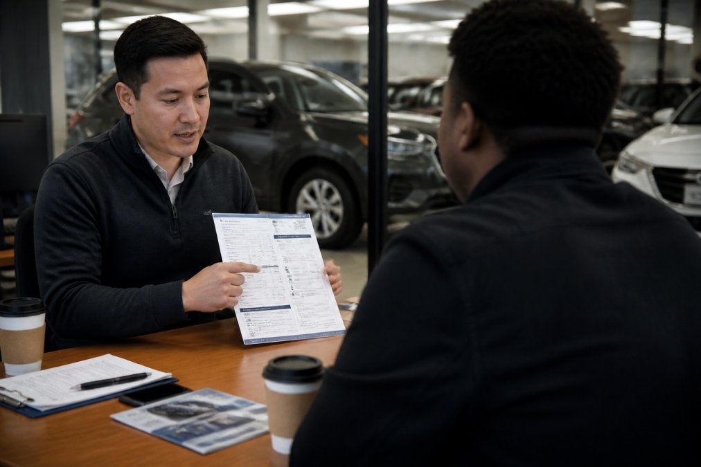 A salesperson at a dealership desk showing a printed vehicle history report to a seated customer, fluorescent overhead lighting, coffee cups on the desk