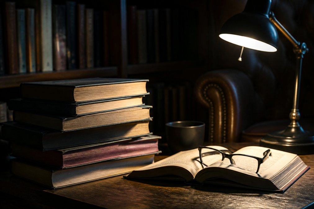 A moody, dimly lit reading nook with a stack of psychological thriller novels, a single lamp casting shadows, and a pair of reading glasses resting on an open book