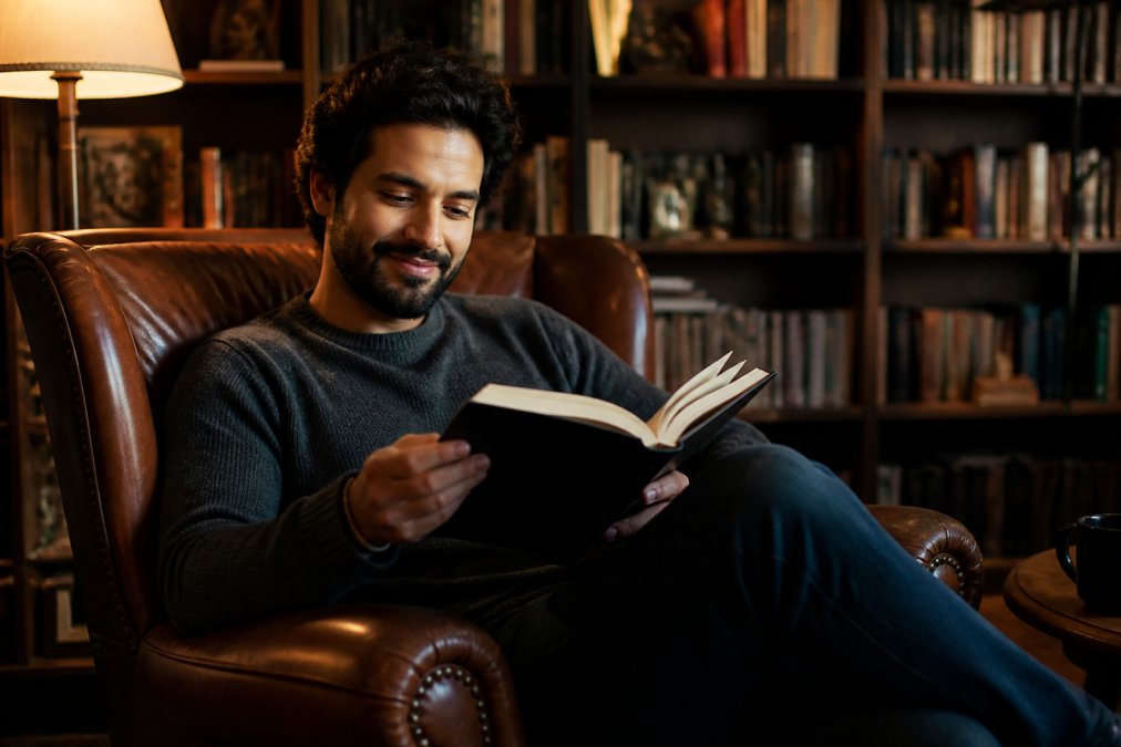 Person reading a thriller book in a cozy armchair with warm lighting, facial expression showing engagement and satisfaction