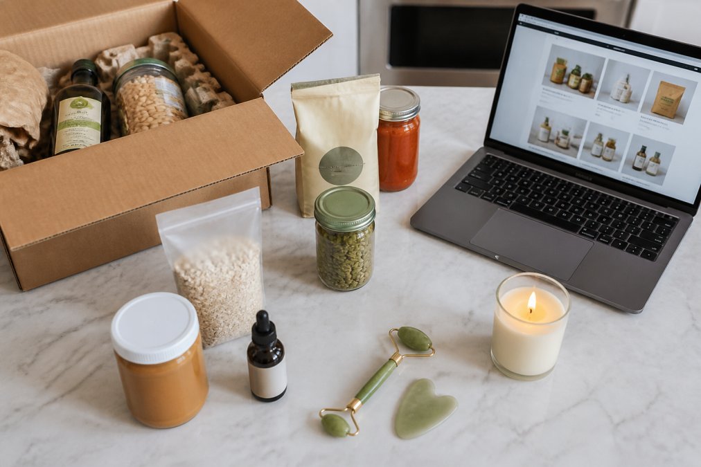 Overhead shot of a kitchen counter with an open cardboard delivery box, unpacked pantry staples, a jade roller, a small massage tool, and a candle arranged beside a laptop showing an online store page