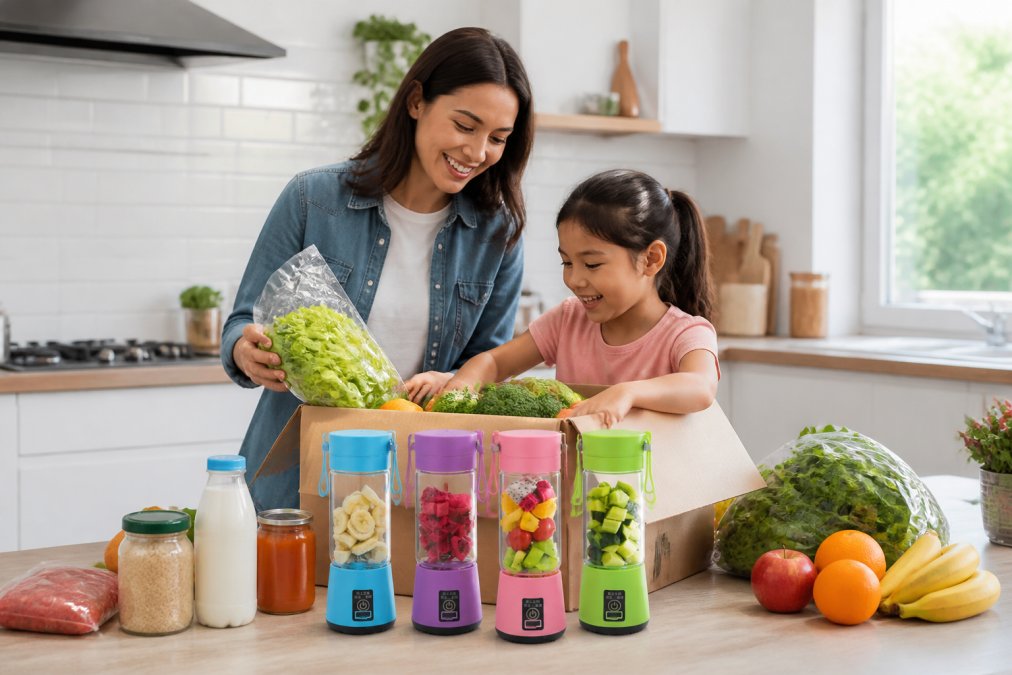 Parent and child unpacking fresh groceries and healthy food items from a delivery box at home kitchen counter with natural morning light
