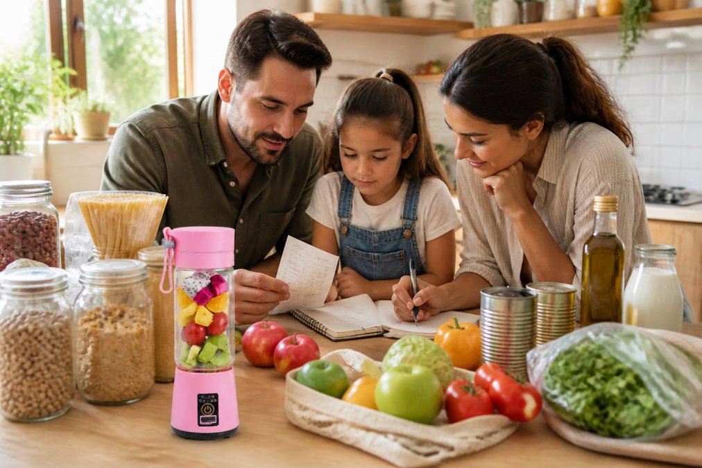 Family reviewing grocery receipt and budget notebook on kitchen counter surrounded by pantry staples and fresh produce in natural kitchen lighting