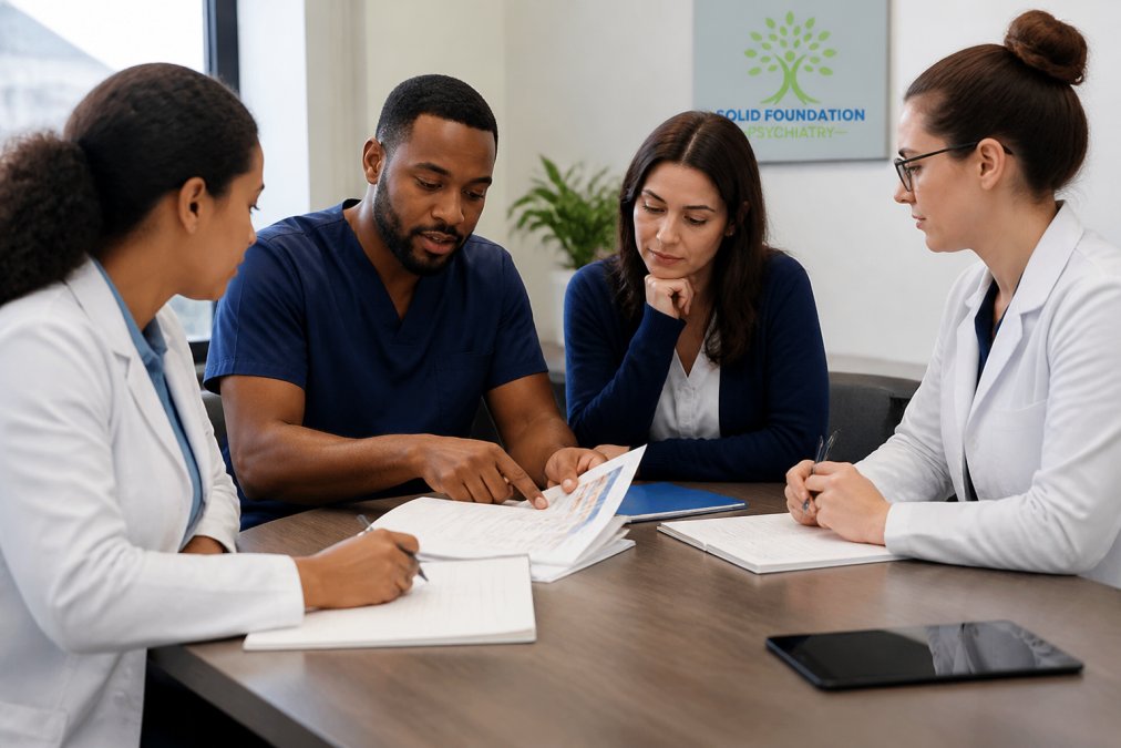 Diverse team of healthcare professionals in modern clinical setting reviewing patient treatment plans and discussing evidence-based care approaches around a table