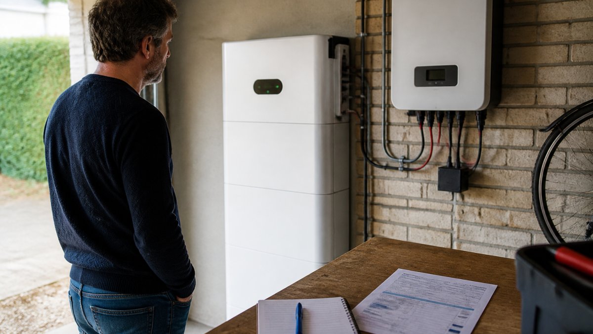 Een huiseigenaar bekijkt een thuisbatterij in een Nederlandse garage naast de omvormer, met een notitieblok en een jaarafrekening op een werkbank