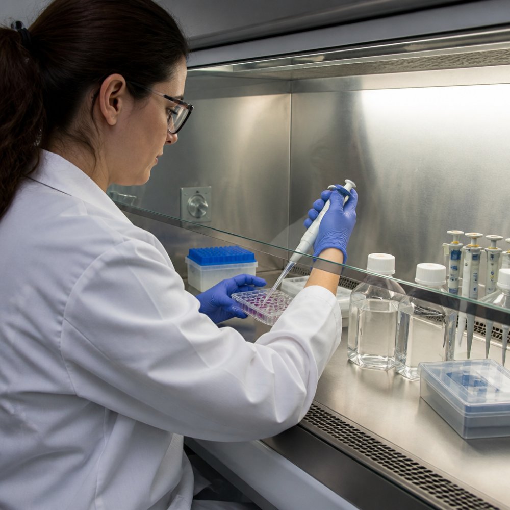 Scientist using a pipette to prepare thymosin alpha-1 samples in a laboratory setting under a flow hood.