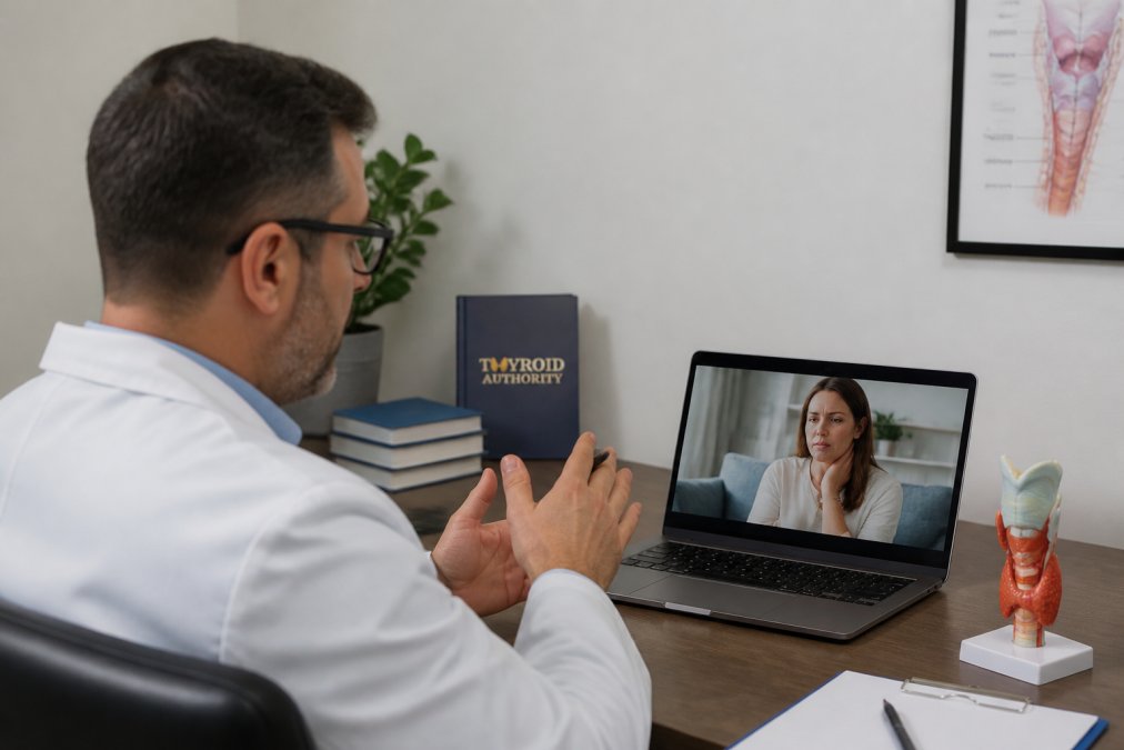 Healthcare professional conducting a virtual consultation with a patient on a laptop, showing a compassionate, in-depth conversation in a clinical setting with warm lighting and medical reference materials visible