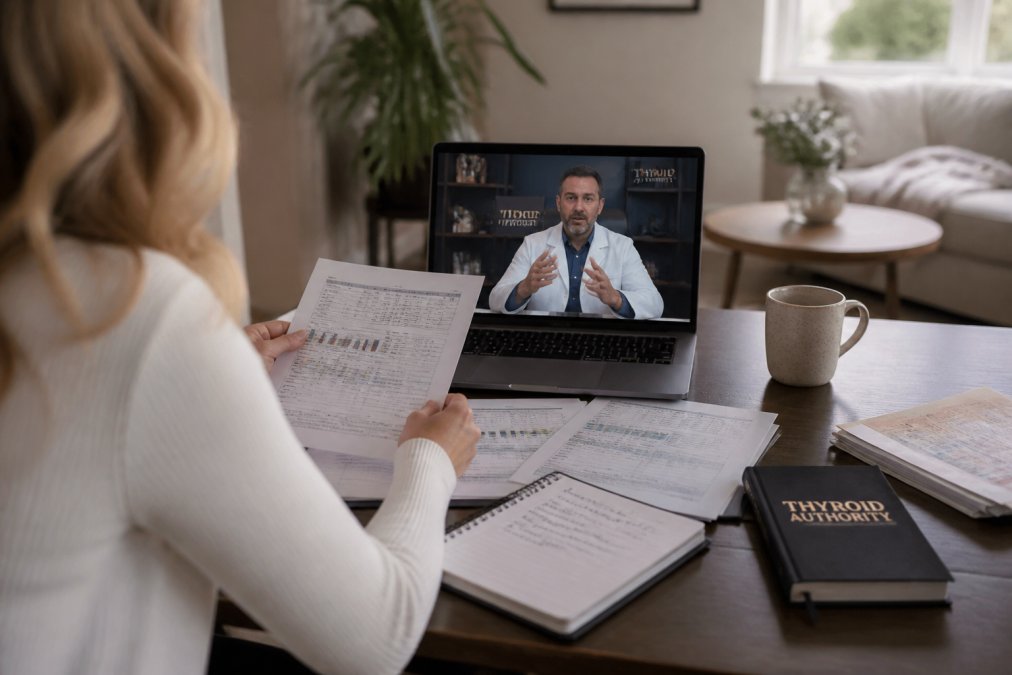 Patient reviewing personalized health documents and notes with a physician during a virtual care session, showing collaboration and detailed analysis with charts and health records on desk