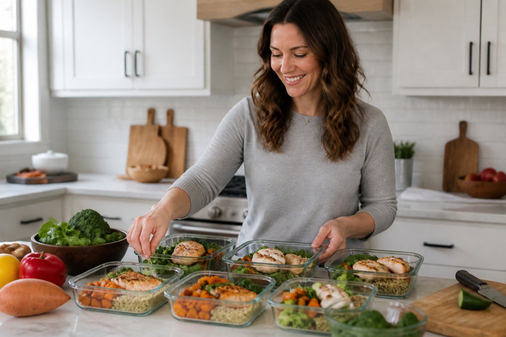 A woman in a bright kitchen arranging a week of thyroid-friendly meals into glass containers, with fresh vegetables, lean protein, and whole grains visible on the counter