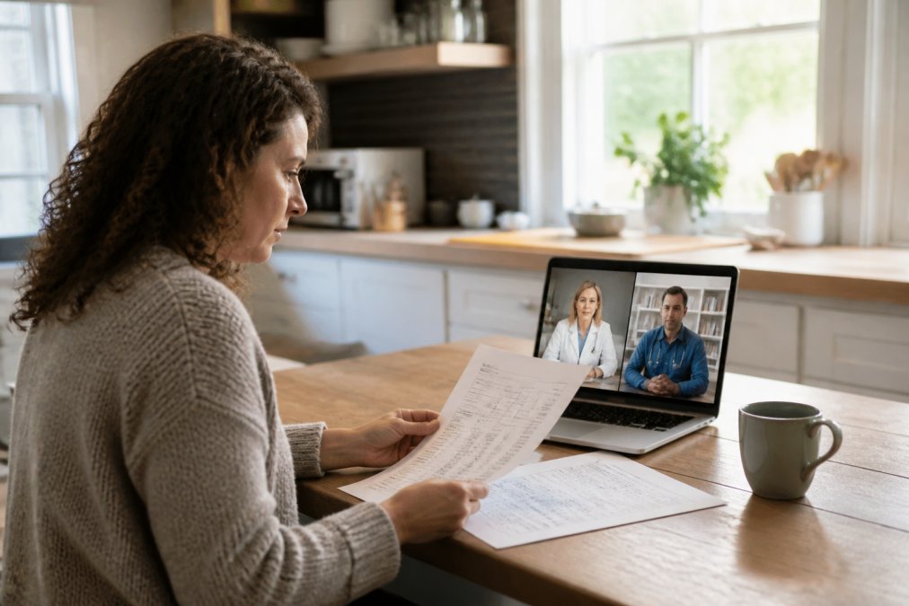 A woman in her forties sitting at a kitchen table reviewing printed thyroid lab results beside an open laptop showing a video consultation with a pharmacist and a physician, warm morning light through a window