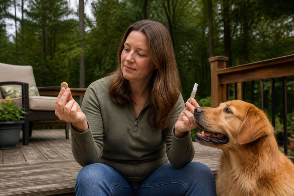 Dog owner holding a topical applicator and tick chewables while sitting on a deck with their golden retriever