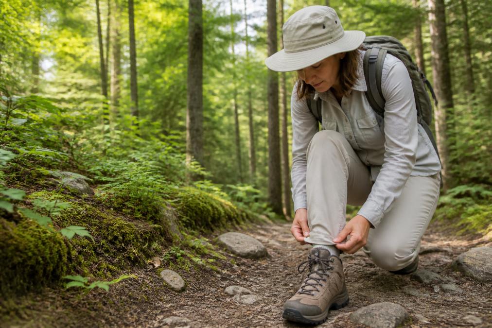 Camper in wooded area wearing light-colored long sleeves, long pants tucked into hiking boots, and a wide-brimmed hat, demonstrating proper tick-protective layering for outdoor camping