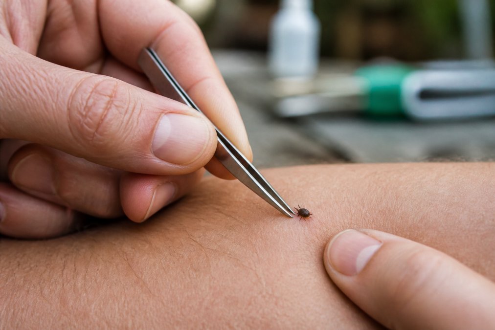 Close-up of hands using fine-tipped tweezers to carefully grasp and remove an attached tick from skin, demonstrating proper tick removal technique with steady pressure
