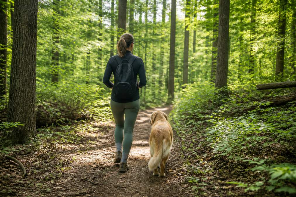 Dog and owner walking together on a forest trail surrounded by trees, demonstrating outdoor adventure in a wooded setting with dappled sunlight