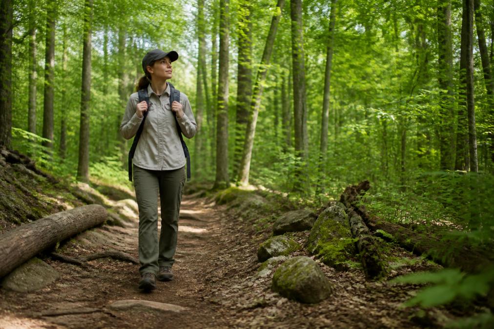 Hiker in long sleeves and pants walking through wooded trail, demonstrating protective clothing for tick prevention with visible forest canopy and trail path