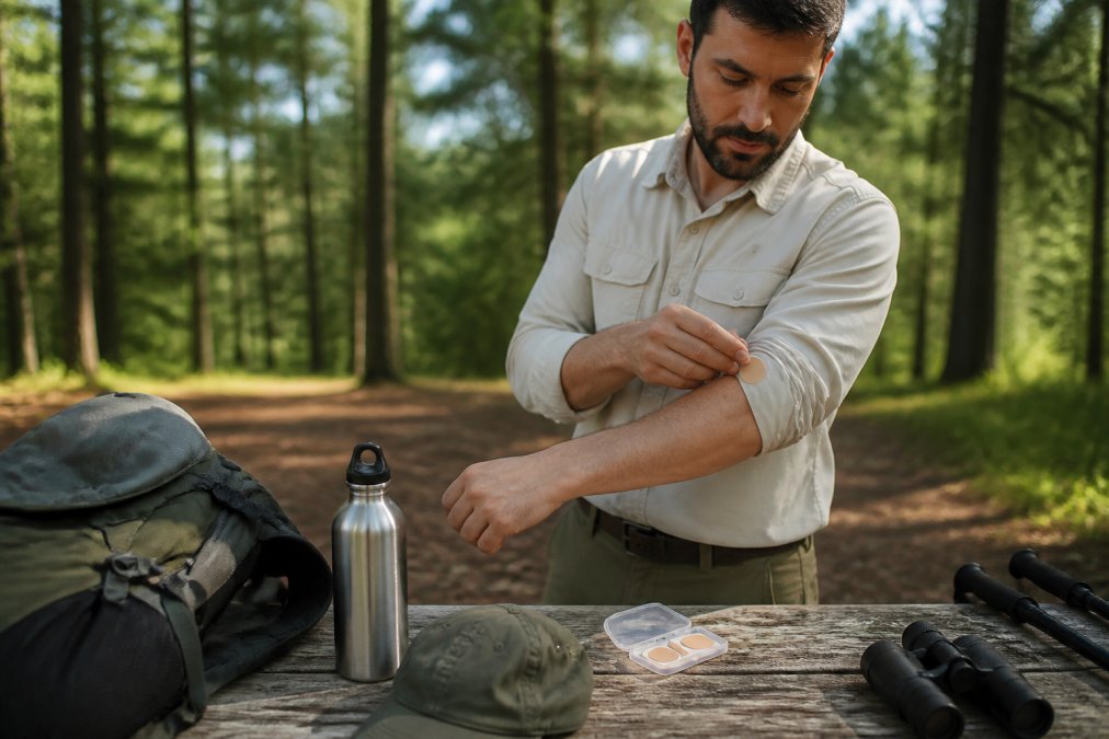 Adult hiker in wooded forest setting wearing light-colored long sleeves and tucked-in shirt, applying a tick repellent patch to exposed arm before outdoor adventure on a sunny morning