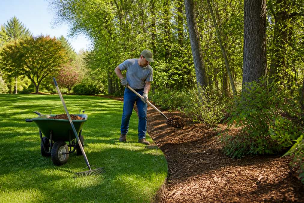 Homeowner spreading wood chips near tick repellent plants to create a protective barrier along a garden edge.