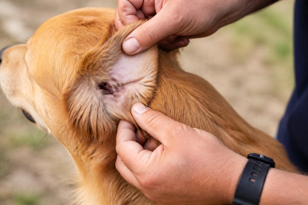 Person's hands carefully parting a dog's fur to inspect the skin for ticks around the ears and neck area, showing proper technique for thorough tick examination