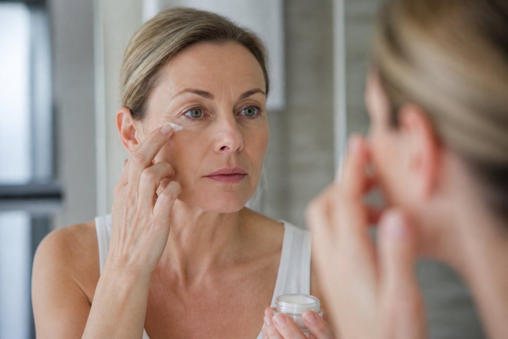 Frau mittleren Alters trägt sorgfältig eine leichte Augencreme unter dem Auge auf, mit fokussiertem Blick auf die Augenpartie und eine kleine Menge Produkt auf dem Finger