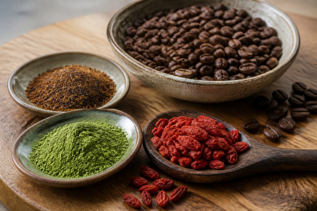 Close-up of whole coffee beans, dried matcha powder, rooibos leaves, and goji berries arranged on a natural wood surface with soft natural lighting
