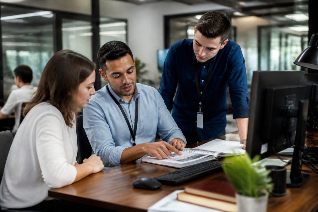 Team of IT support professionals collaborating at a desk in a modern office, reviewing troubleshooting steps on a dual-monitor setup while discussing solutions, with a knowledge base document visible