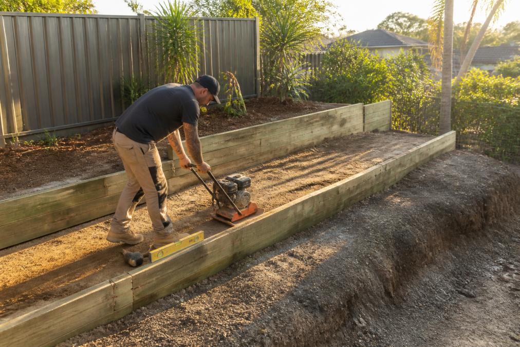 A landscaper in work clothes compacting the base of a timber sleeper retaining wall on a residential slope, with a spirit level and rubber mallet nearby, late afternoon sunlight casting long shadows across the excavated tiers