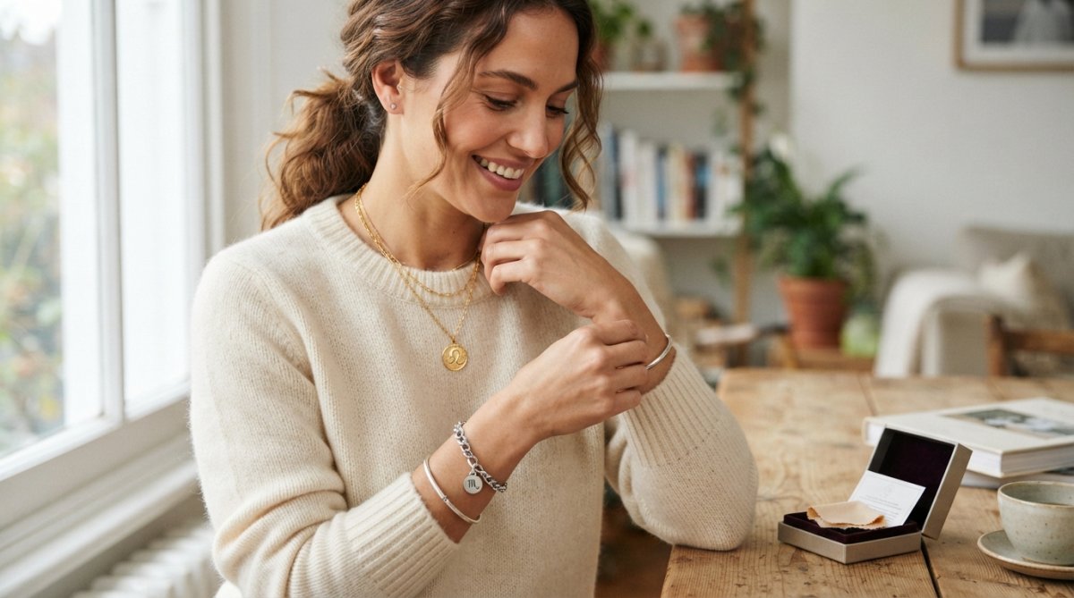 Person trägt mehrere Tierkreiszeichen-Schmuckstücke kombiniert - goldene Halskette mit Löwe-Symbol und silbernes Armband mit Skorpion-Symbol - elegantes Styling mit zeitloser Mode, natürliches Licht