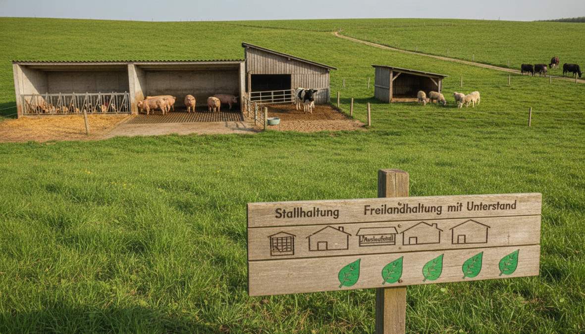 Vergleich von Haltungsformen für die Tierwohl Kennzeichnung 2026 für Händler erklärt: Stallhaltung bis Weidegang im Freien.