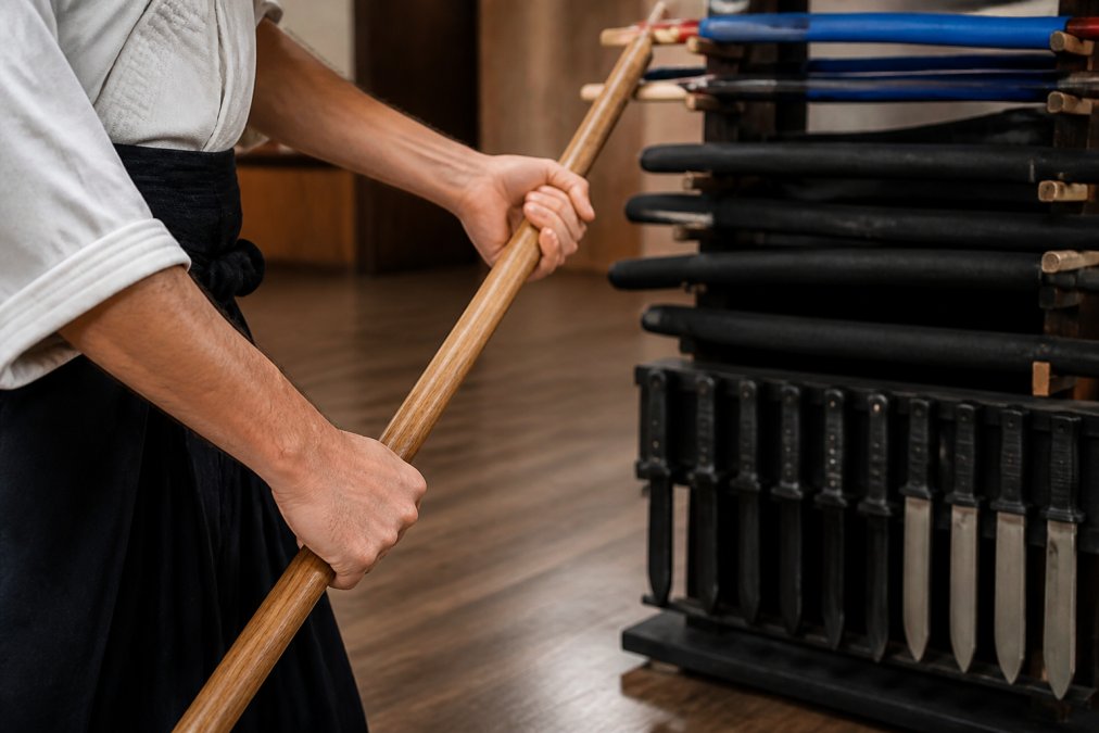 Close-up photograph of a martial artist's hands gripping a wooden jo staff on a dojo floor, with foam training weapons and dense polymer training knives visible on a rack in the background under warm overhead lighting
