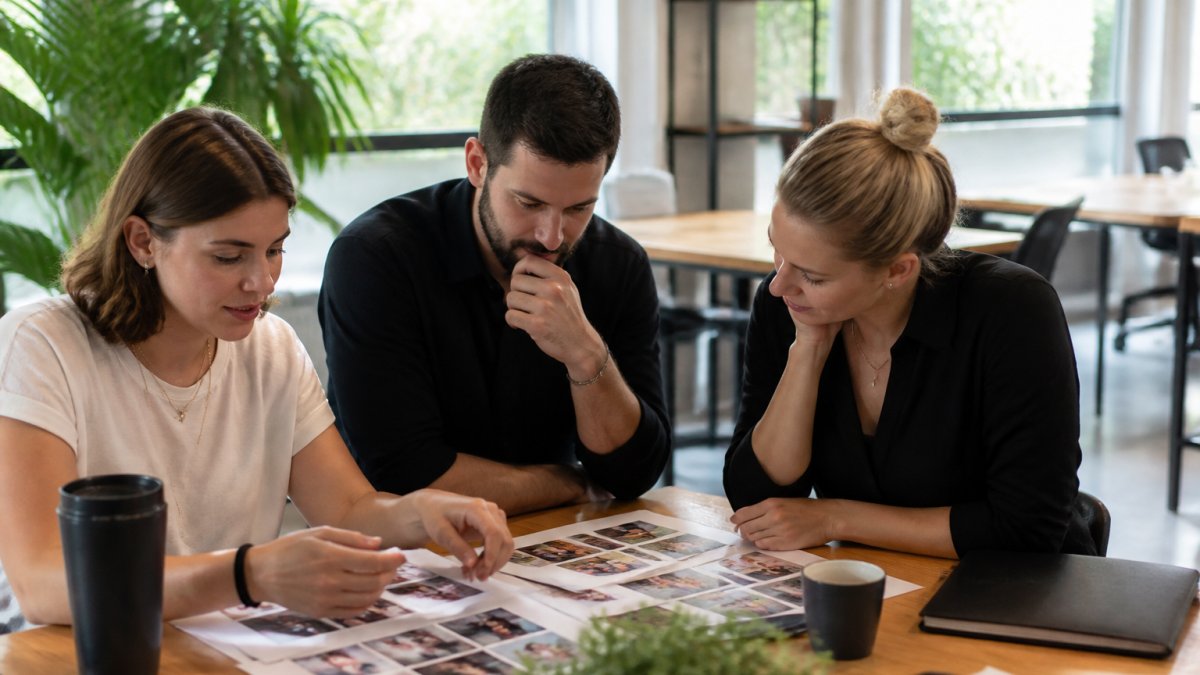 Marketing team at a TikTok influencer marketing agency vetting creator profiles on screens in a bright office