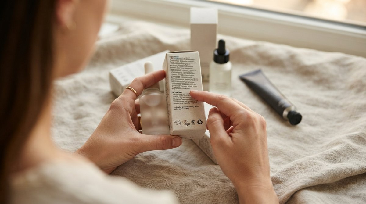 Close-up of hands reading product ingredient labels and safety certifications on packaging, showing clear labeling and ingredient transparency on a soft, neutral surface with warm natural lighting