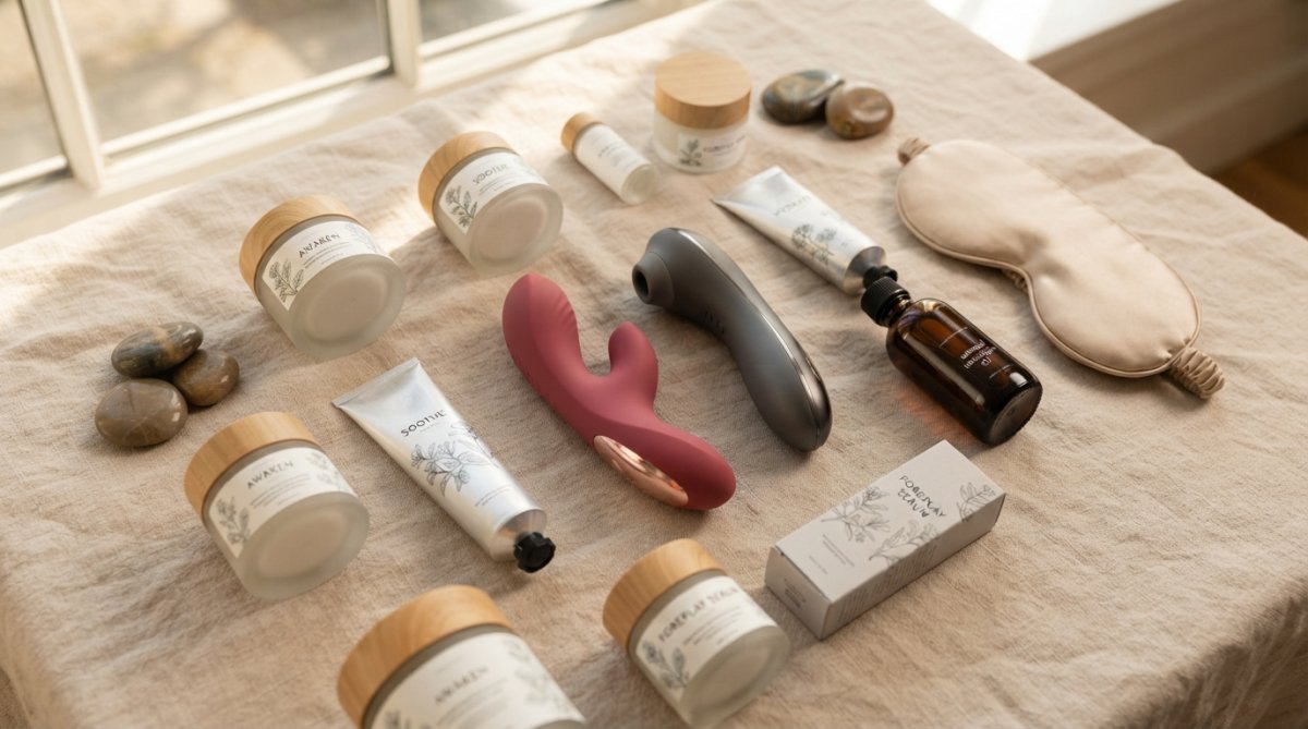 Flat-lay arrangement of intimate wellness products including air-tech stimulators and enhancement creams on a soft, neutral background with warm, diffused lighting showing product variety and premium presentation