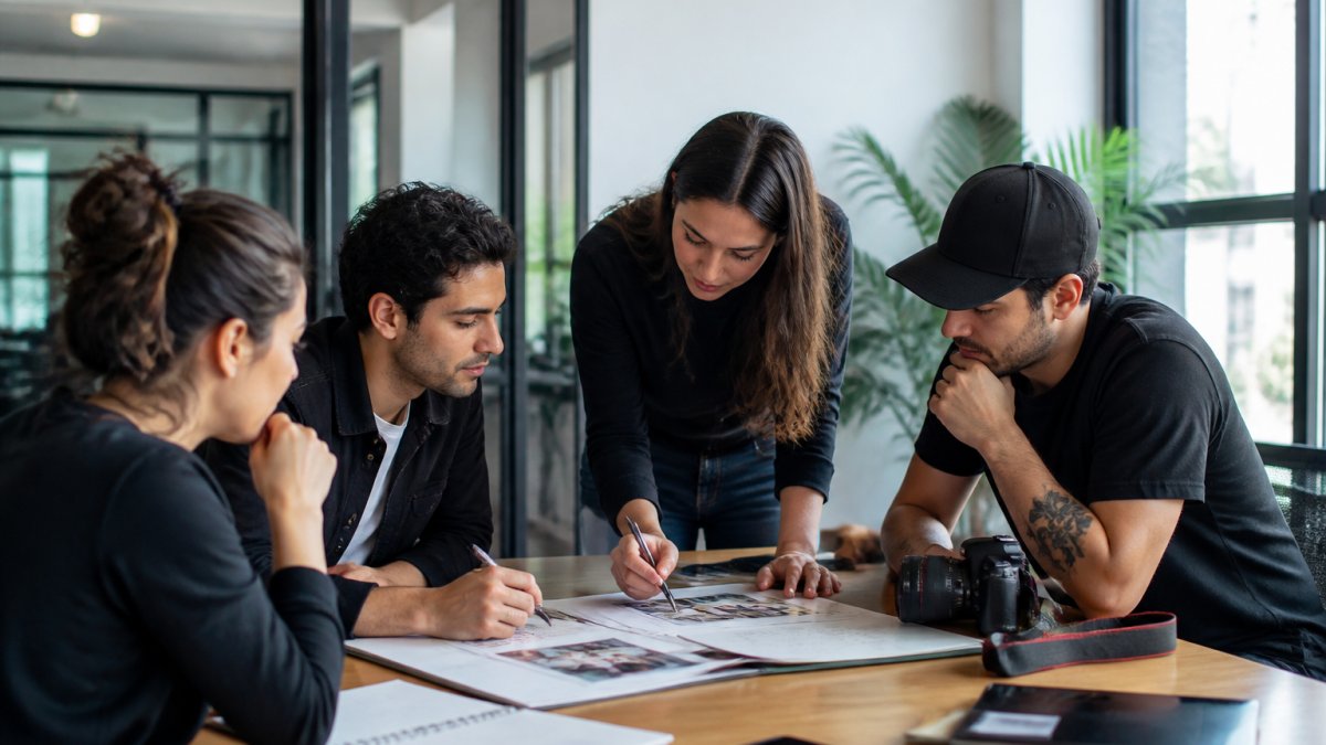 E-commerce team collaborating at a TikTok marketing agency to review creator analytics on office screens