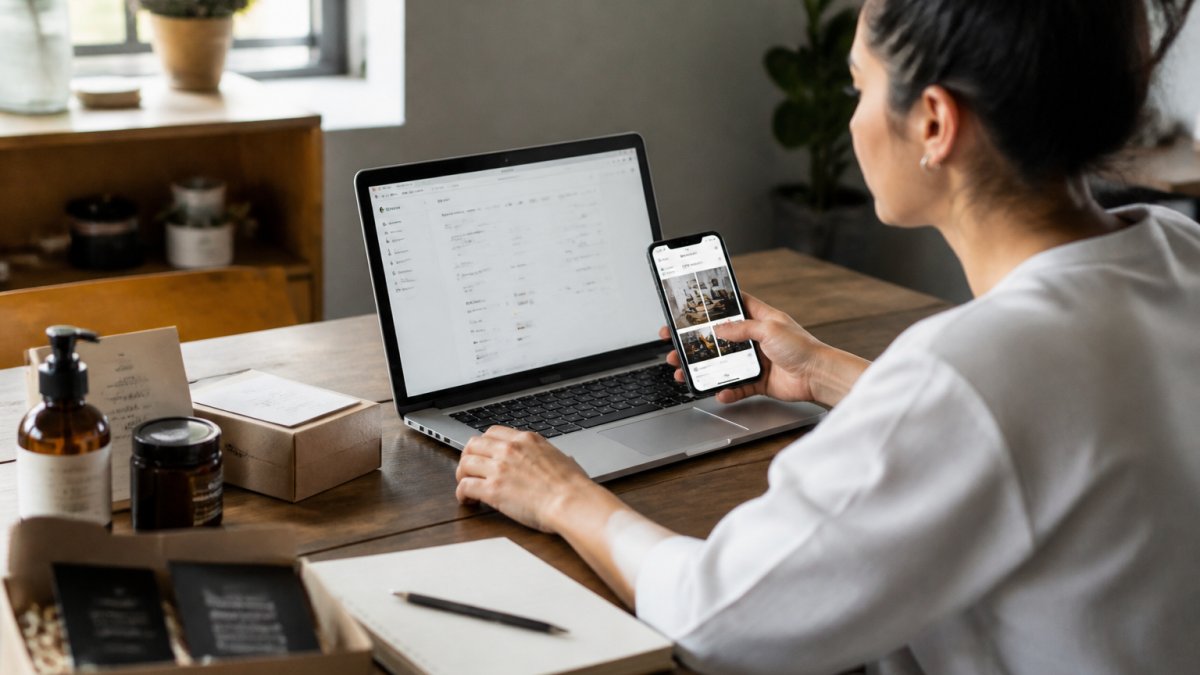 D2C brand founder reviewing TikTok Shop dashboard on laptop with product packaging and smartphone showing storefront displayed on desk, natural window lighting