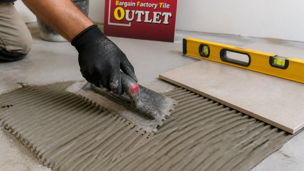 Close-up of a notched trowel pulling ridges through freshly combed tile adhesive on a prepared floor, with a tile and spirit level resting nearby. Illustrative scene, not a real customer project