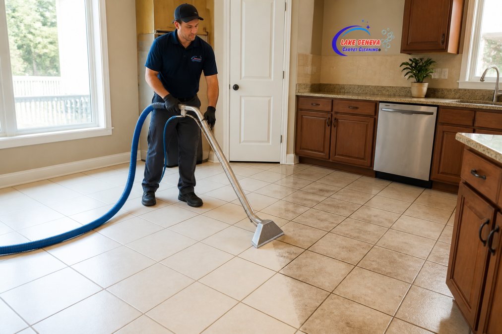 A cleaning technician using a high-pressure extraction wand on a ceramic tile kitchen floor, with visible clean grout lines contrasted against a dirty section, bright natural light from a window