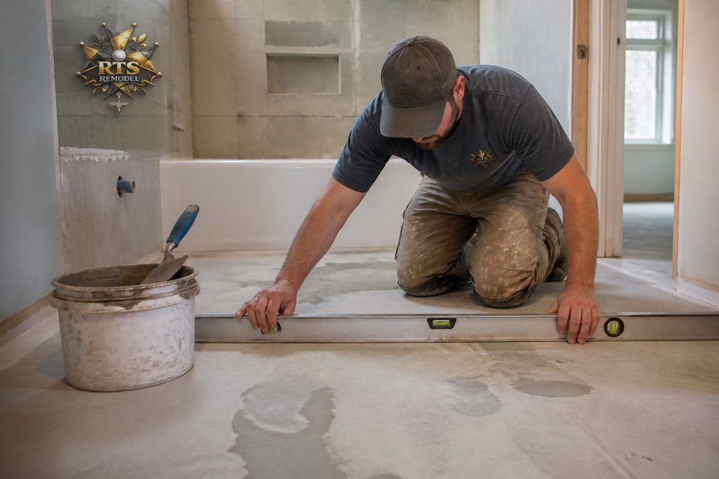 A tile setter kneeling on a bathroom subfloor, running a long straightedge and level across the surface to check flatness, with a bucket of patching compound and a trowel nearby in a home under renovation