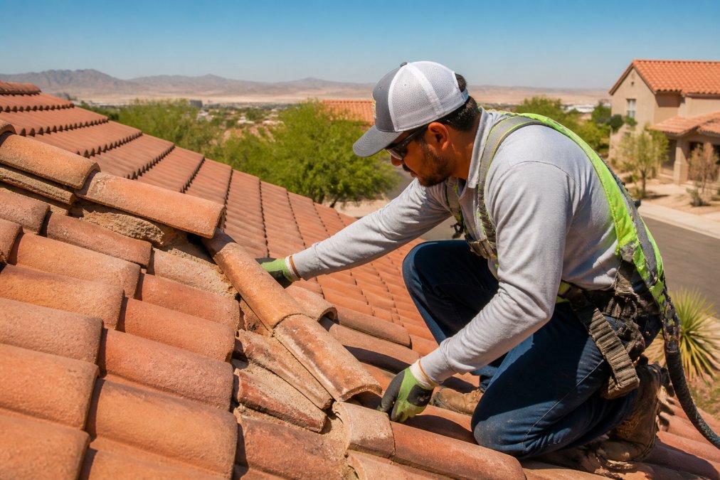 A roofing contractor in work clothes and safety gear inspecting a clay tile roof on a sunny day in a desert residential neighborhood, with terracotta-colored tiles and clear blue sky visible